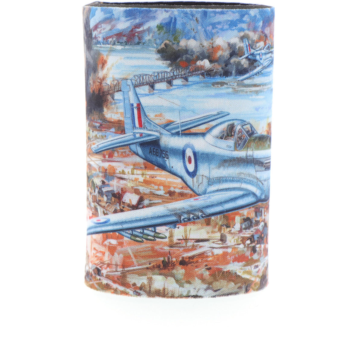 With a beautiful depiction of P-51D Mustangs of 77 Squadron titled "Cutting the Lines" and a schematic of the aircraft in the base, this eye-catching cooler is perfect for keeping your drinks cold. Limited to only 1000 worldwide, it is a rare find that is sure to impress. Made from durable neoprene, this cooler captures the aircraft perfectly with schematics and limited edition details inside. www.moralepatches.com.au
