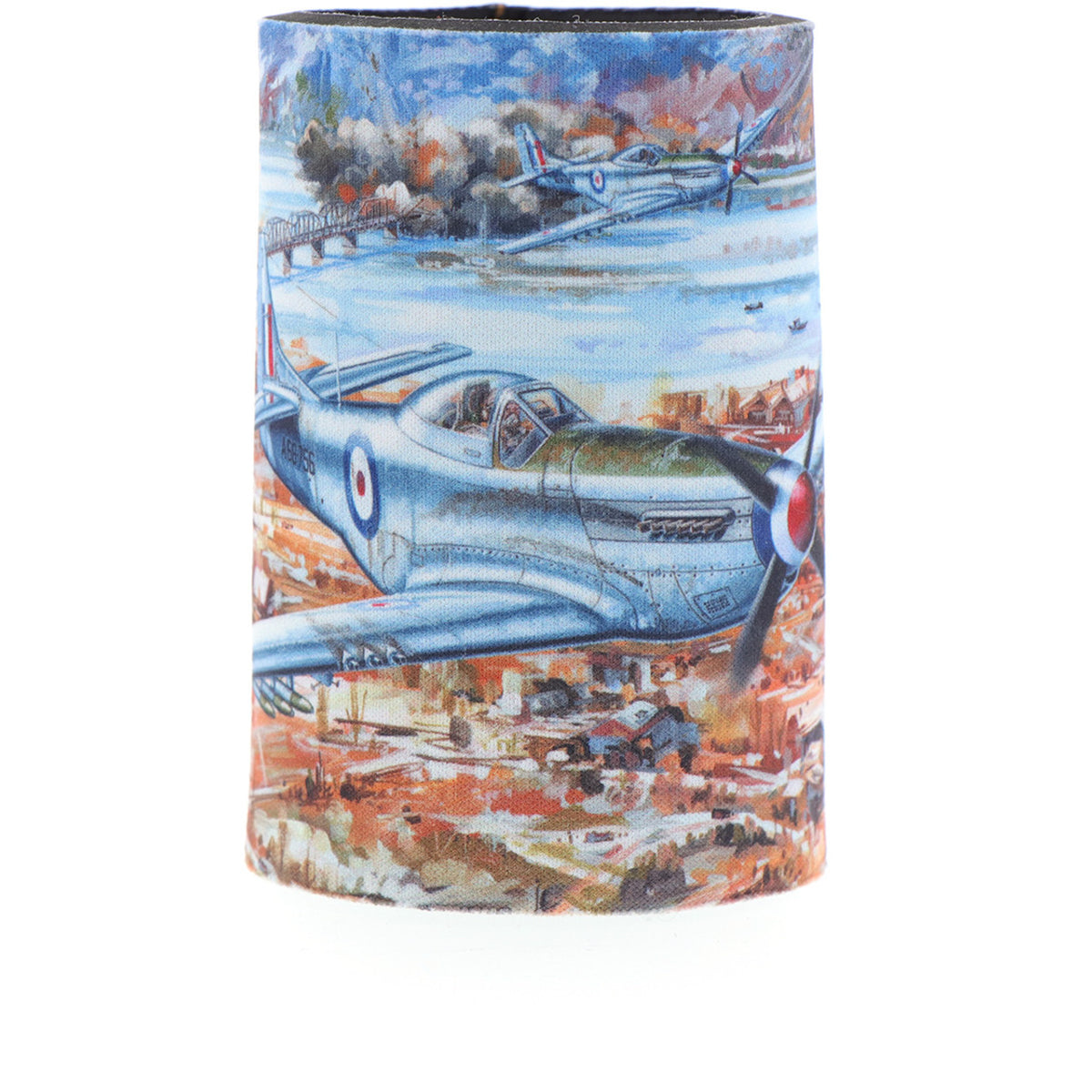 With a beautiful depiction of P-51D Mustangs of 77 Squadron titled "Cutting the Lines" and a schematic of the aircraft in the base, this eye-catching cooler is perfect for keeping your drinks cold. Limited to only 1000 worldwide, it is a rare find that is sure to impress. Made from durable neoprene, this cooler captures the aircraft perfectly with schematics and limited edition details inside. www.moralepatches.com.au
