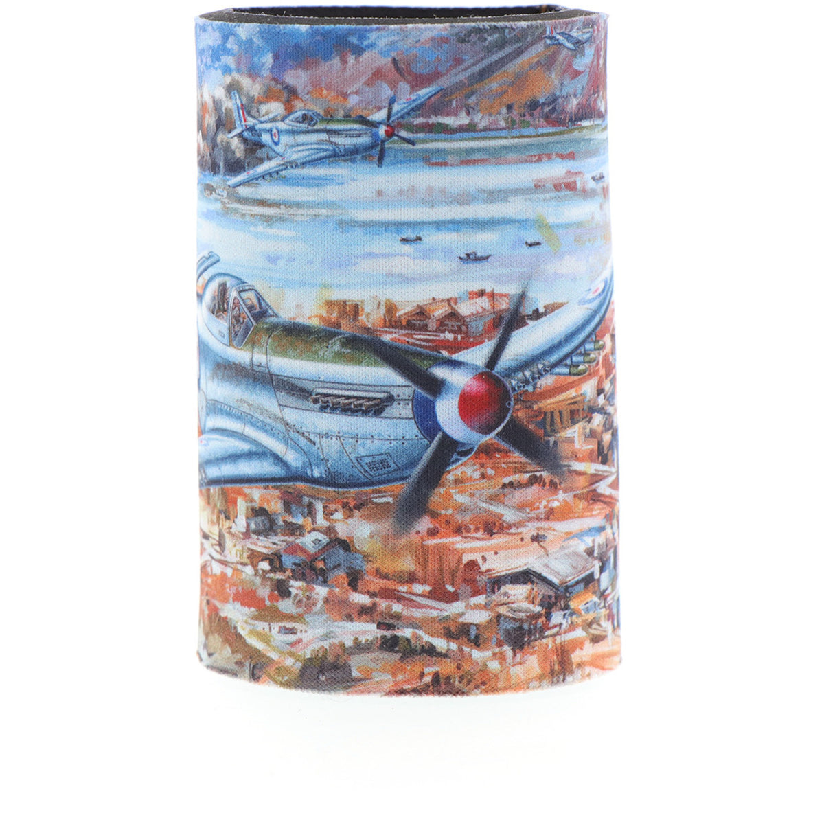 With a beautiful depiction of P-51D Mustangs of 77 Squadron titled "Cutting the Lines" and a schematic of the aircraft in the base, this eye-catching cooler is perfect for keeping your drinks cold. Limited to only 1000 worldwide, it is a rare find that is sure to impress. Made from durable neoprene, this cooler captures the aircraft perfectly with schematics and limited edition details inside. www.moralepatches.com.au