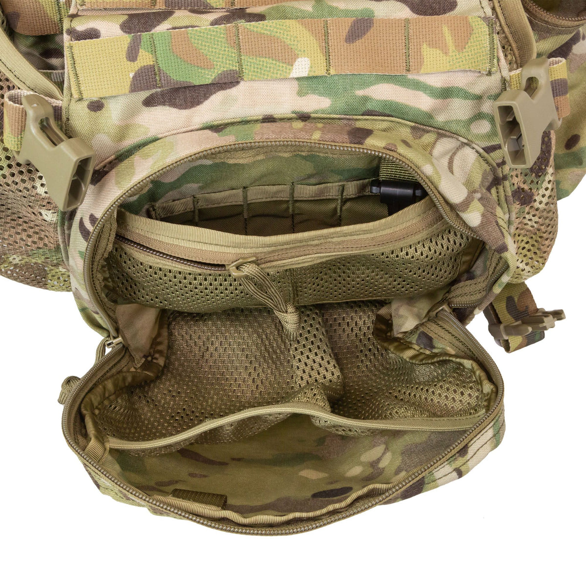 The built-in cradle in front comfortably fits a helmet or can be used as a storage compartment for clothing or other medium-size mission critical necessities. The cradle also features Velcro and non-Velcro MOLLE attachment points in front. www.moralepatches.com.au
