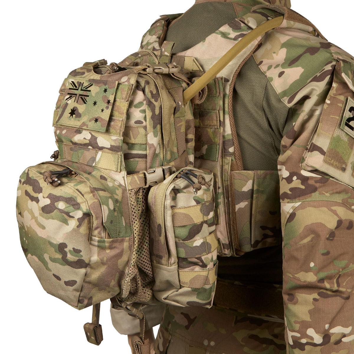 Main compartment 36cm (H) x 23.5cm (W) x 9.5cm (D) Side pockets: 19cm (H) x 9cm (W) x 5cm (D) Front zippered pouch: 25cm (at widest) x 6cm (D) Mesh cargo compartment: 20cm (H) x 23.5cm (W) x 14.5cm (D) Weight 1.02Kg www.moralepatches.com.au