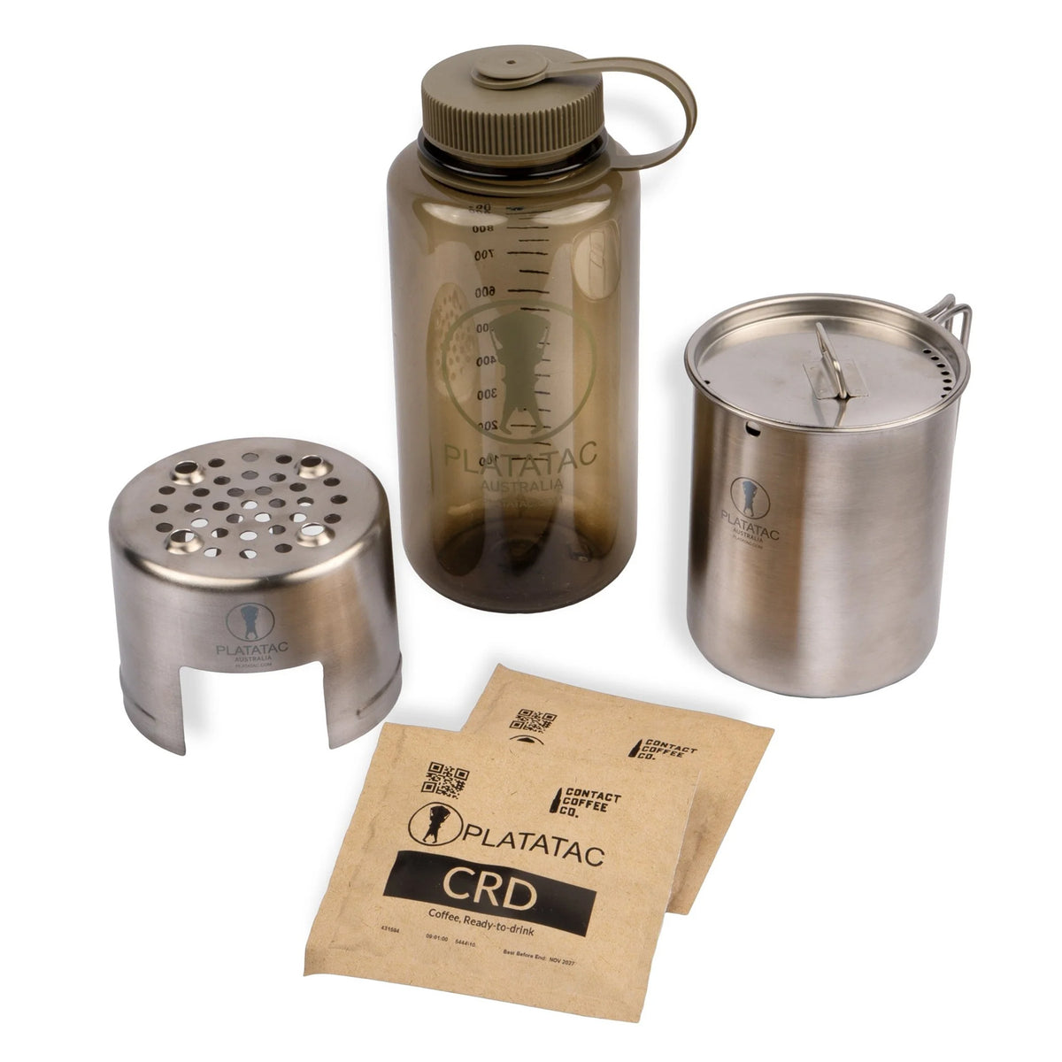 A compact, no-nonsense system for hot drinks, hydration, and sustainment in the field.

1 x Platatac Stainless Steel Field Cup

1 x Field Cup Cooker

1 x 1 Litre Rapid Fill Water Bottle

2 x sachets of Contact Coffee Co. coffee 
www.moralepatches.com.au