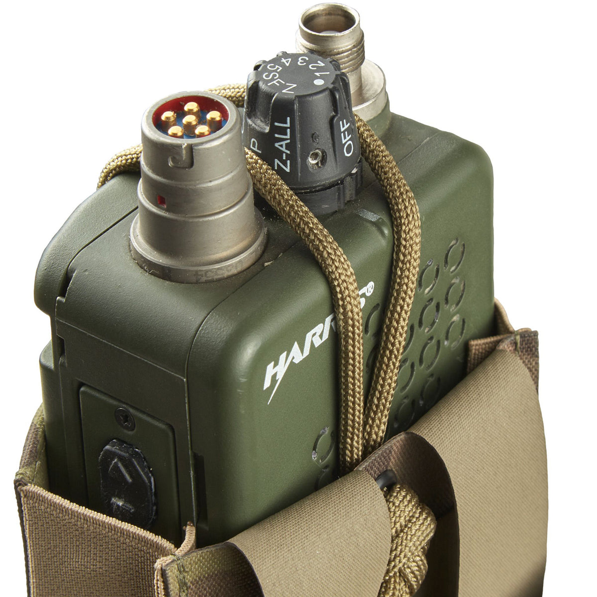 This pouch has been designed securely hold AN/PRC-152 Multiband Handheld Radio with or without GPS module. The pouch can be adjusted in height for when the user is operating with a battery splitter. www.moralepatches.com.au top view