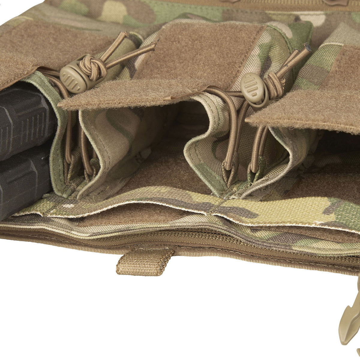 The magazine pouches have adjustable/removable lids to allow larger magazines, such as AK47 mags to be carried or allow easier access to mags by removing the flaps all together. They can also accommodate a pistol, black means (Baofeng) radio or a smoke grenade if required. Bungee retention around the mag pouches provides additional security for stowed items. www.moralepatches.com.au 
where the army shops