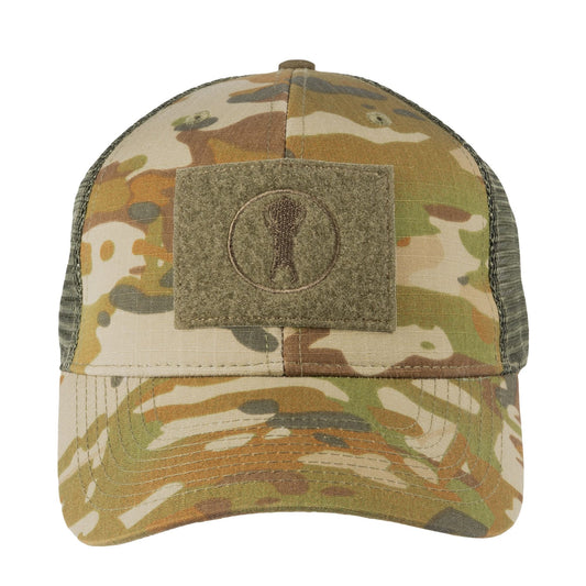 The Mid-Pro Trucker Cap features Genuine TFP 50/50 Nyco Ripstop front crown panels and poly-mesh back panels. The front has a colour-matched 55x75mm Velcro panel for morale patches. Also features a precurved visor, cotton sweatband, adjustable velcro fastener in back, and no button on the top of the cap. www.moralepatches.com.au