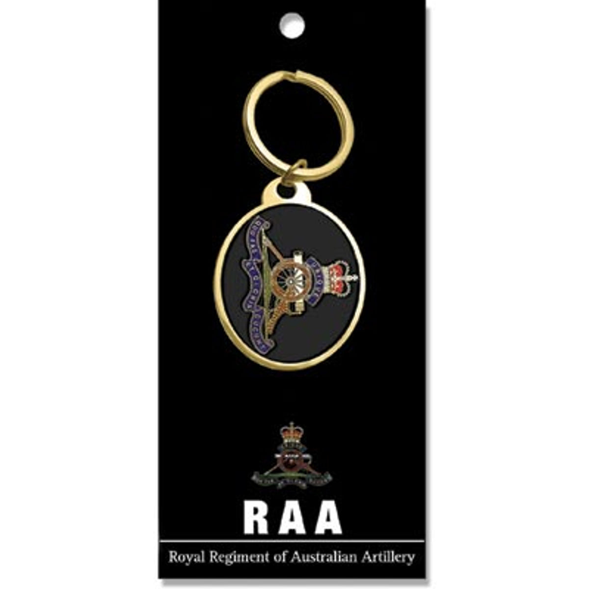 Rockin' the Royal Regiment of Australian Artillery (RAA) key ring. This 40mm golden key ring with gleaming enamel will keep your keys prim & proper and start conversations that make heads turn. www.moralepatches.com.au