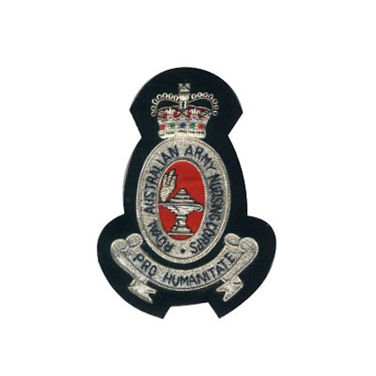 Make a statement with this exquisite RAANC Bullion Pocket Badge. Perfect for your blazer, bag, or any other desired location. Measuring approximately 80x80mm, this badge is held securely with 3 butterfly catches on the back. Flaunt your style with this stunning piece! www.moralepatches.com.au