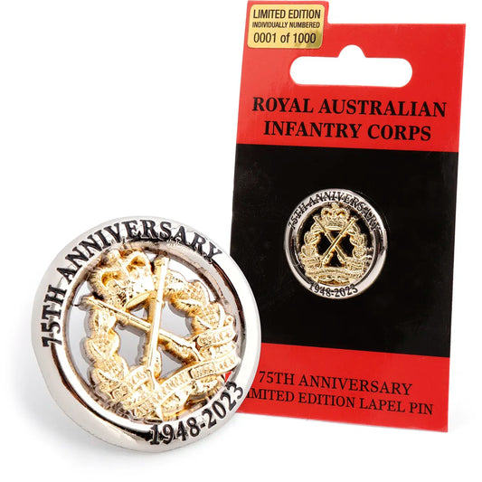 The 75th Anniversary Royal Australian Infantry Limited Edition Lapel Pin is a symbol of honour and gratitude, paying tribute to the bravery, resilience, and unwavering commitment of the remarkable men and women of the Royal Australian Infantry Corps. www.moralepatches.com.au