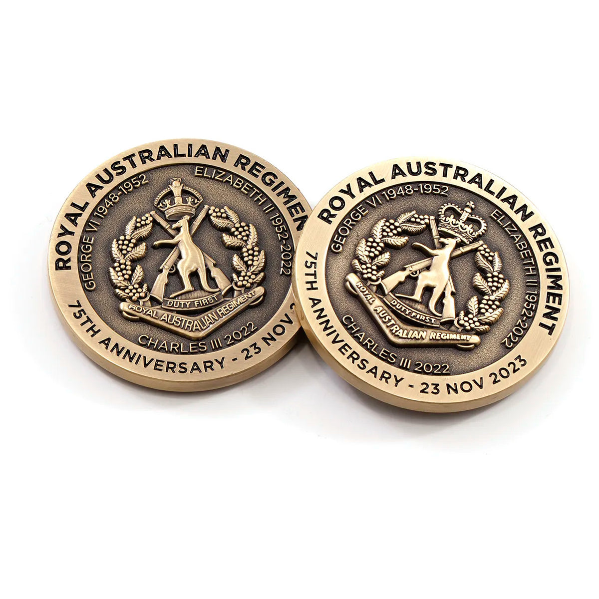Celebrate 75 years of the Royal Australian Regiment with this exquisite and timeless commemorative medallion. Presented in a leather look gift box, this medallion exudes a sense of prestige and heritage. www.moralepatches.com.au
