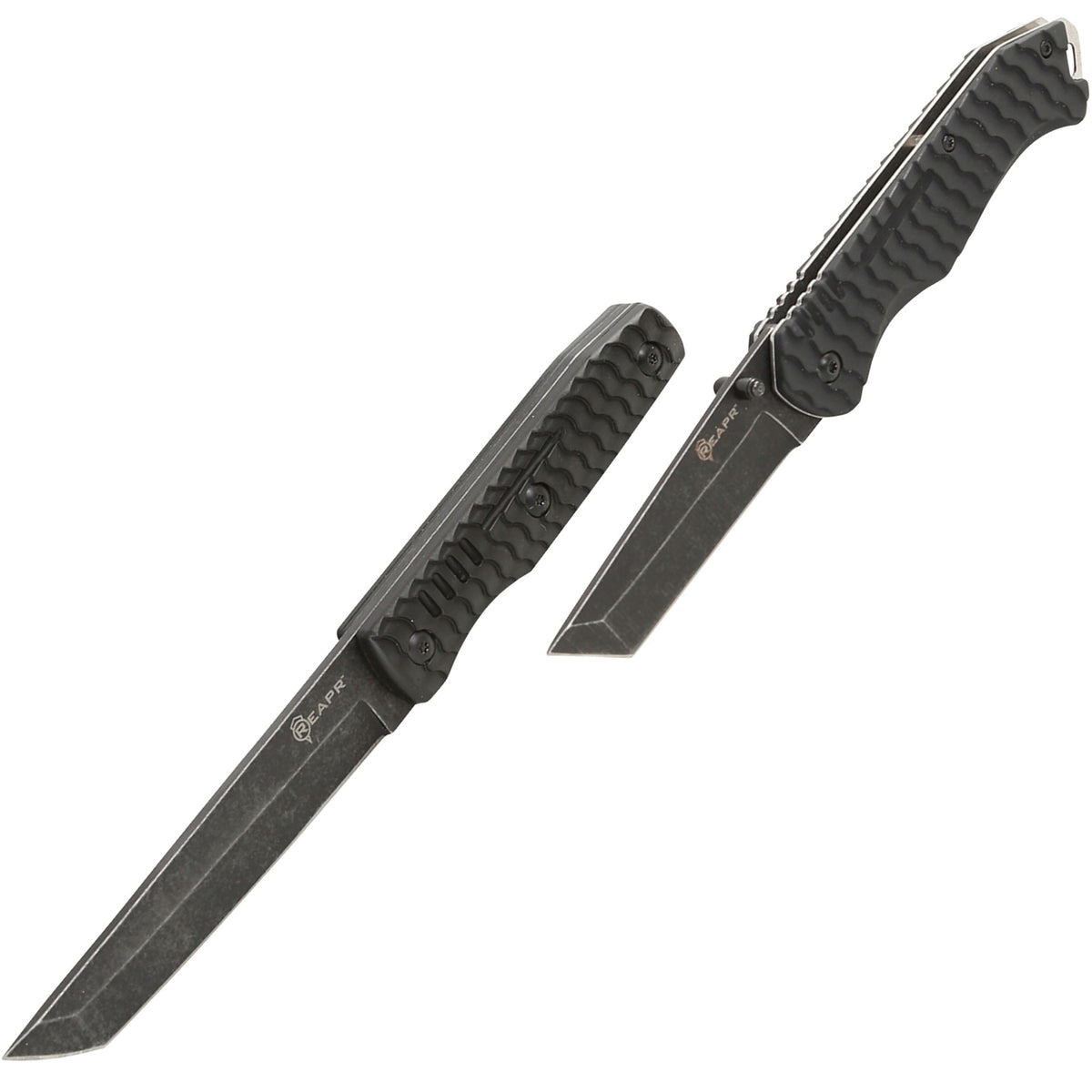 The stonewashed 420 stainless steel blades hide scratches and guards against the elements and the rugged non-slip molded handles provide enough leverage for any task that may arise. This tanto blade set comes with a ballistic nylon belt sheath with lanyard hole for the fixed blade survival knife. www.moralepatches.com.au
