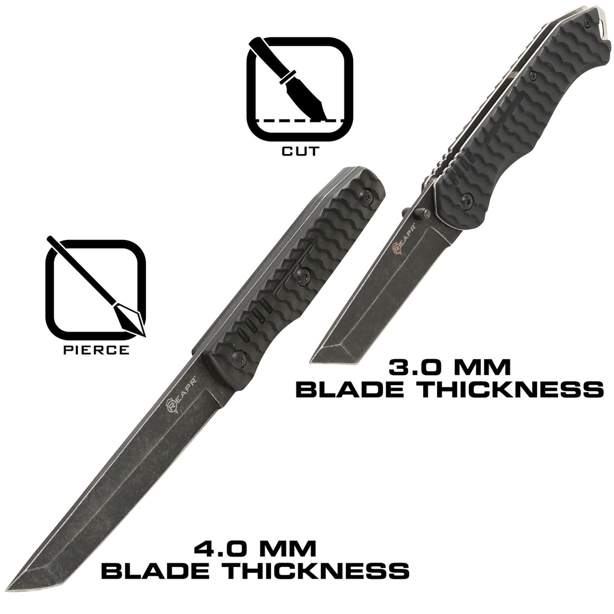 The stonewashed 420 stainless steel blades hide scratches and guards against the elements and the rugged non-slip molded handles provide enough leverage for any task that may arise. This tanto blade set comes with a ballistic nylon belt sheath with lanyard hole for the fixed blade survival knife. www.moralepatches.com.au