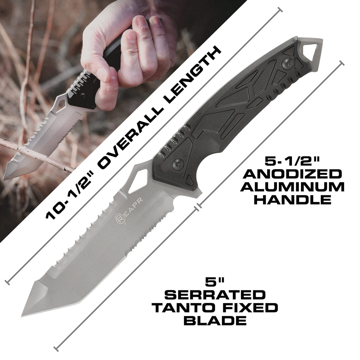 This serrated full tang knife is the ideal camping and hunting companion. The REAPR 11011 Javelin Fixed Blade Knife features a spiked window glass breaker and a sawed-back dual edge serrated camping knife for cutting twigs and twine and branches. www.moralepatches.com.au