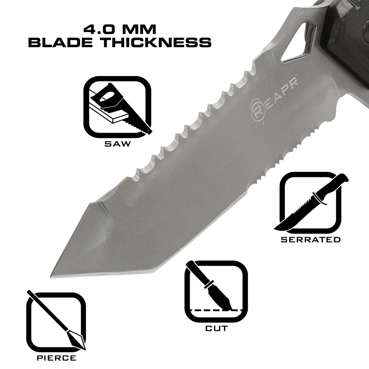 This serrated full tang knife is the ideal camping and hunting companion. The REAPR 11011 Javelin Fixed Blade Knife features a spiked window glass breaker and a sawed-back dual edge serrated camping knife for cutting twigs and twine and branches. www.moralepatches.com.au