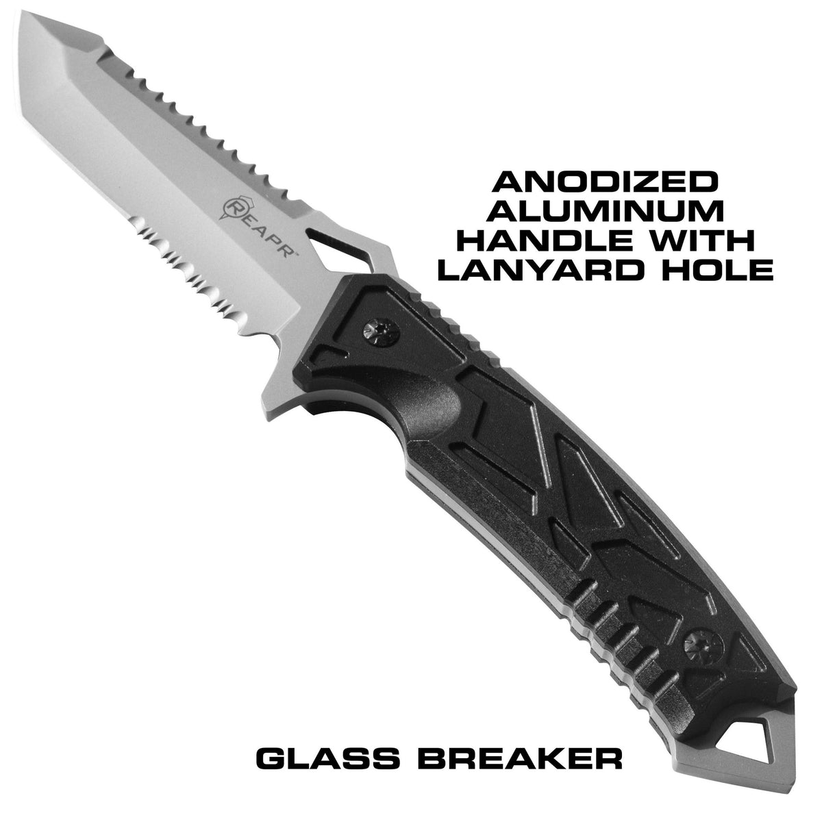 This serrated full tang knife is the ideal camping and hunting companion. The REAPR 11011 Javelin Fixed Blade Knife features a spiked window glass breaker and a sawed-back dual edge serrated camping knife for cutting twigs and twine and branches. www.moralepatches.com.au