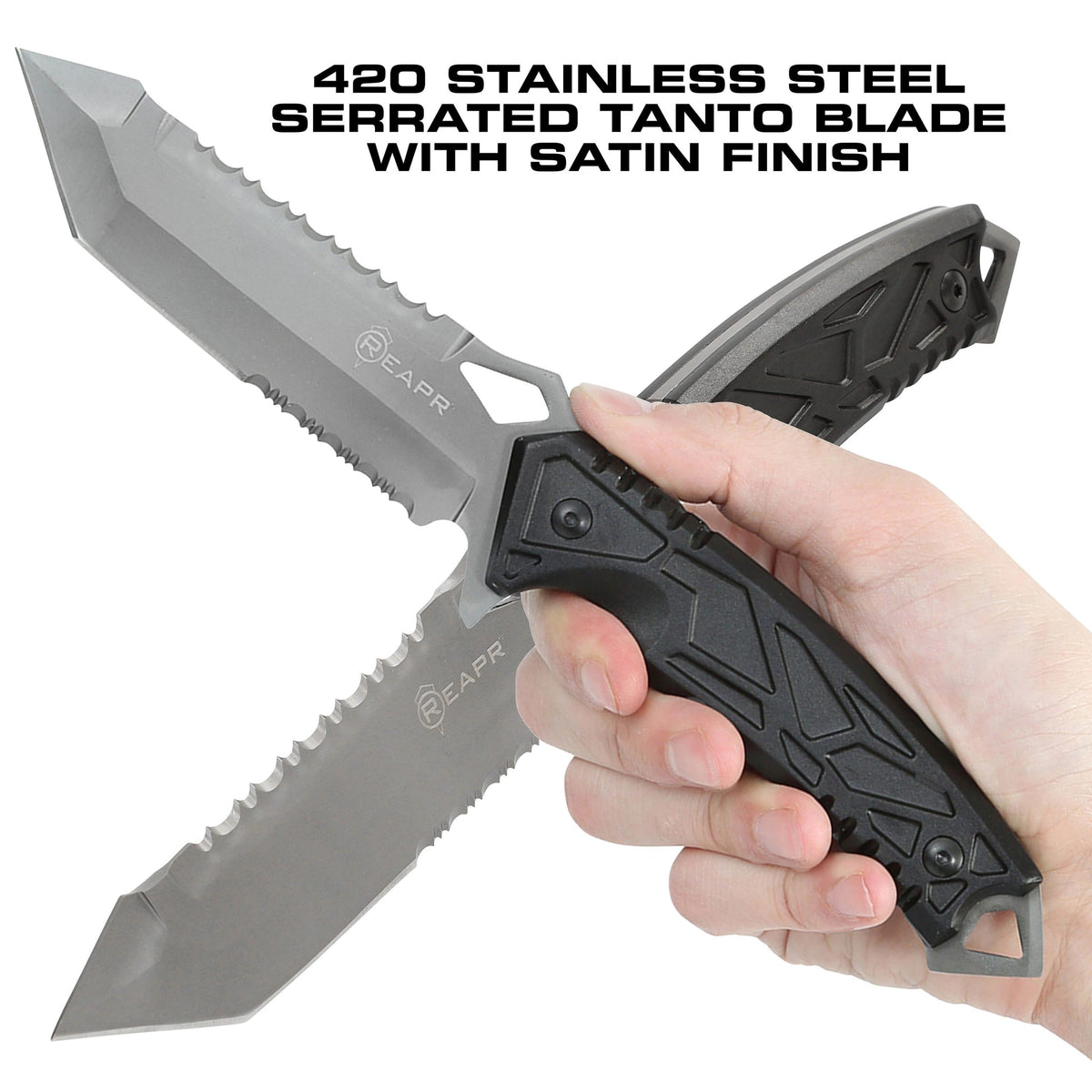 This serrated full tang knife is the ideal camping and hunting companion. The REAPR 11011 Javelin Fixed Blade Knife features a spiked window glass breaker and a sawed-back dual edge serrated camping knife for cutting twigs and twine and branches. www.moralepatches.com.au