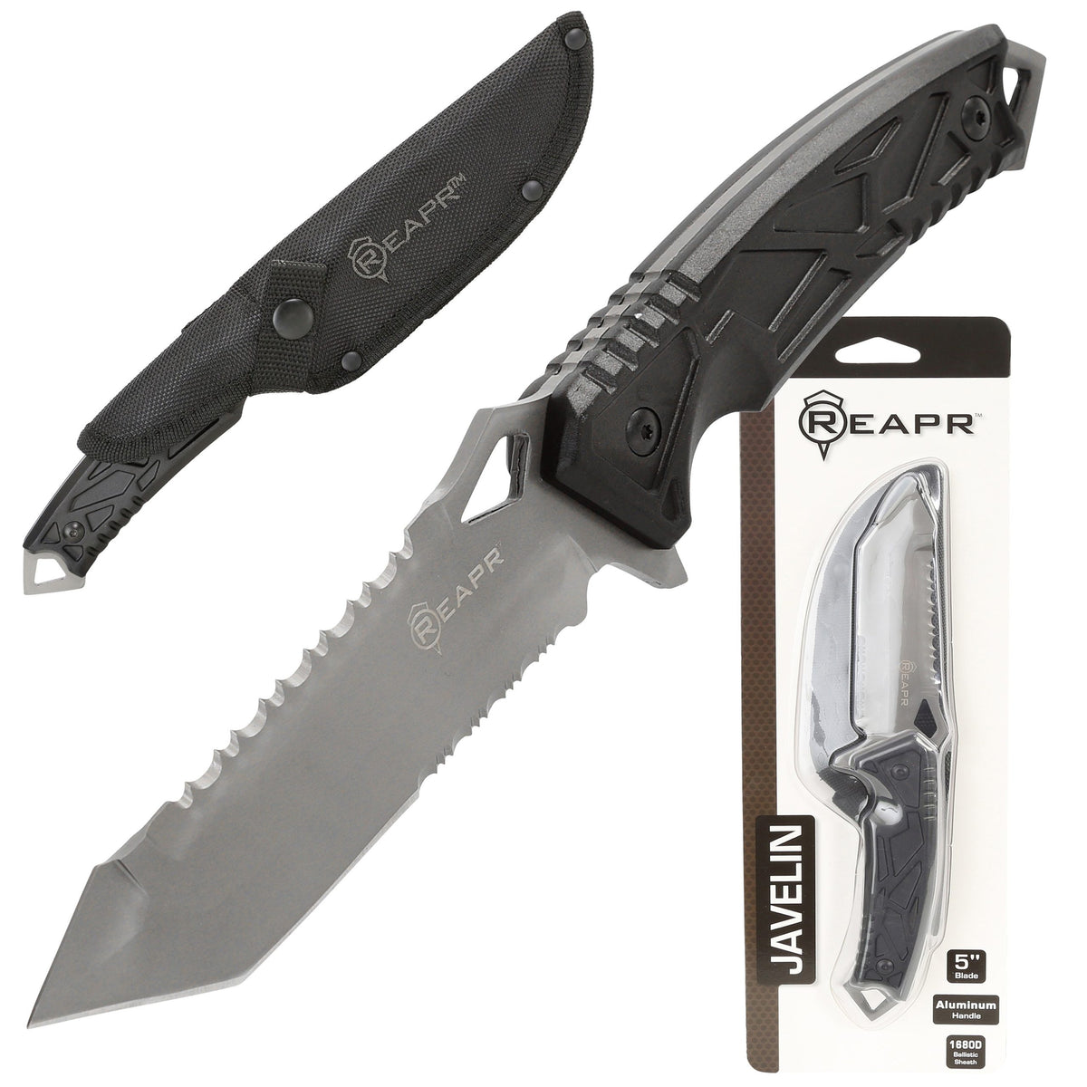This serrated full tang knife is the ideal camping and hunting companion. The REAPR 11011 Javelin Fixed Blade Knife features a spiked window glass breaker and a sawed-back dual edge serrated camping knife for cutting twigs and twine and branches. www.moralepatches.com.au