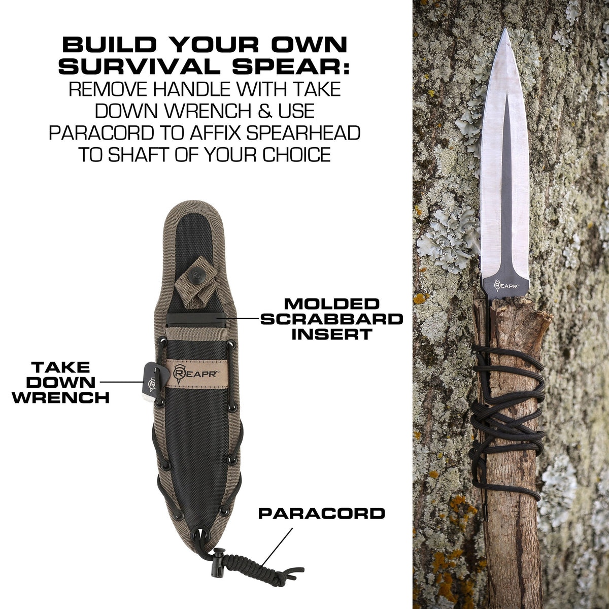 Build your own survival spear with this dual purpose Versa Spear Dagger from Reapr. Simply remove the dagger handle with the included take-down wrench and use the included paracord to affix the spearhead to a shaft of your choice. www.moralepatches.com.au