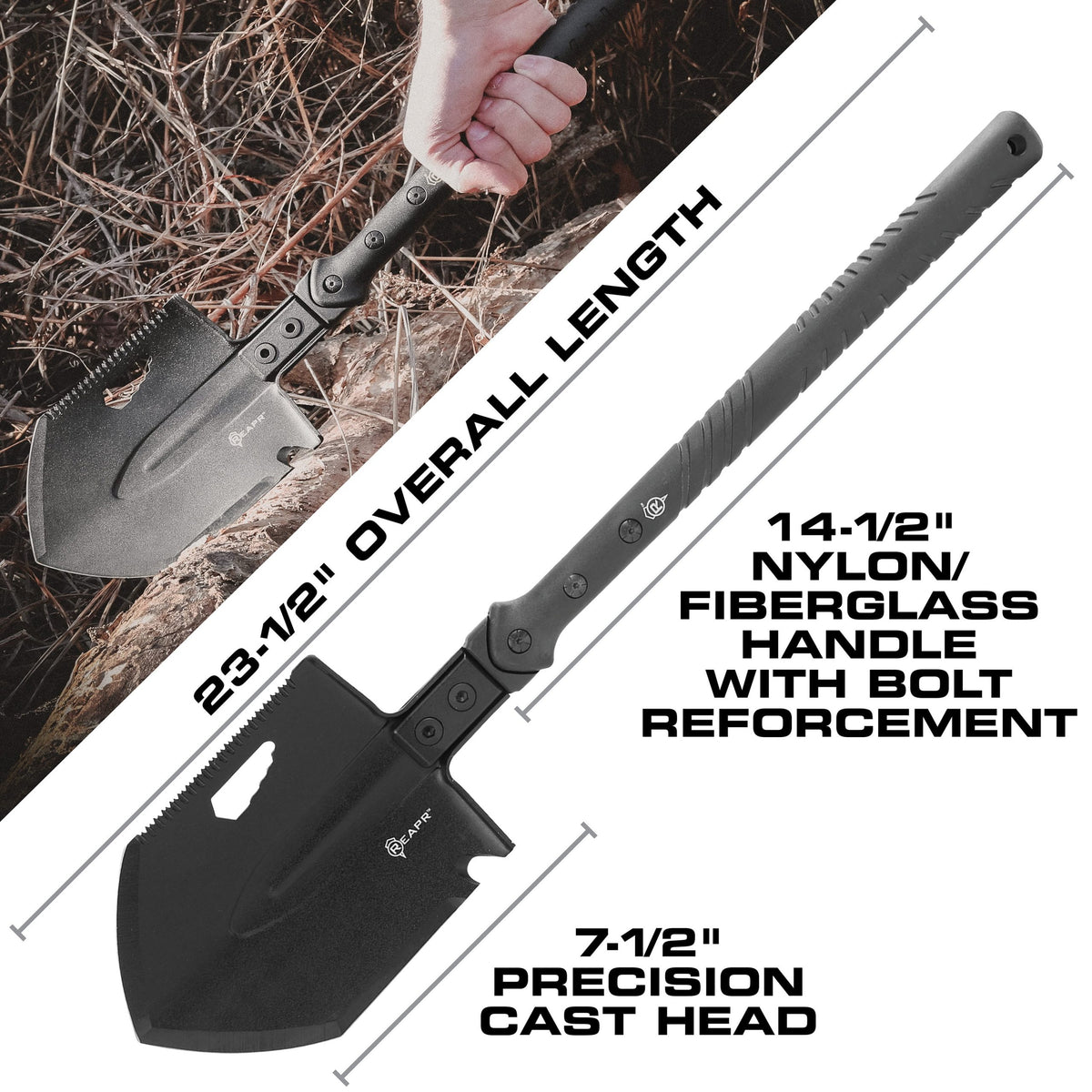 The REAPR 11021 TAC Survival Shovel is the ultimate survival tool shovel. This compact, space saving tool, features a 7 1/2″ stainless steel precision cast head (with a powder coat wrinkle finish) combining a saw edge, ripper, chopping edge and wrenches. www.moralepatches.com.au