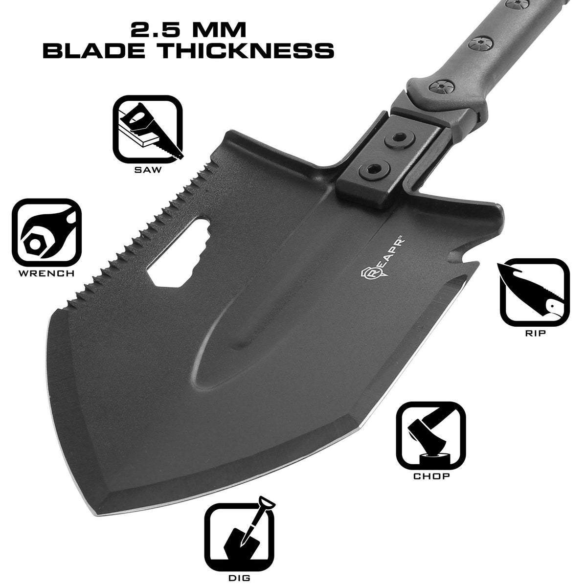 The REAPR 11021 TAC Survival Shovel is the ultimate survival tool shovel. This compact, space saving tool, features a 7 1/2″ stainless steel precision cast head (with a powder coat wrinkle finish) combining a saw edge, ripper, chopping edge and wrenches. www.moralepatches.com.au