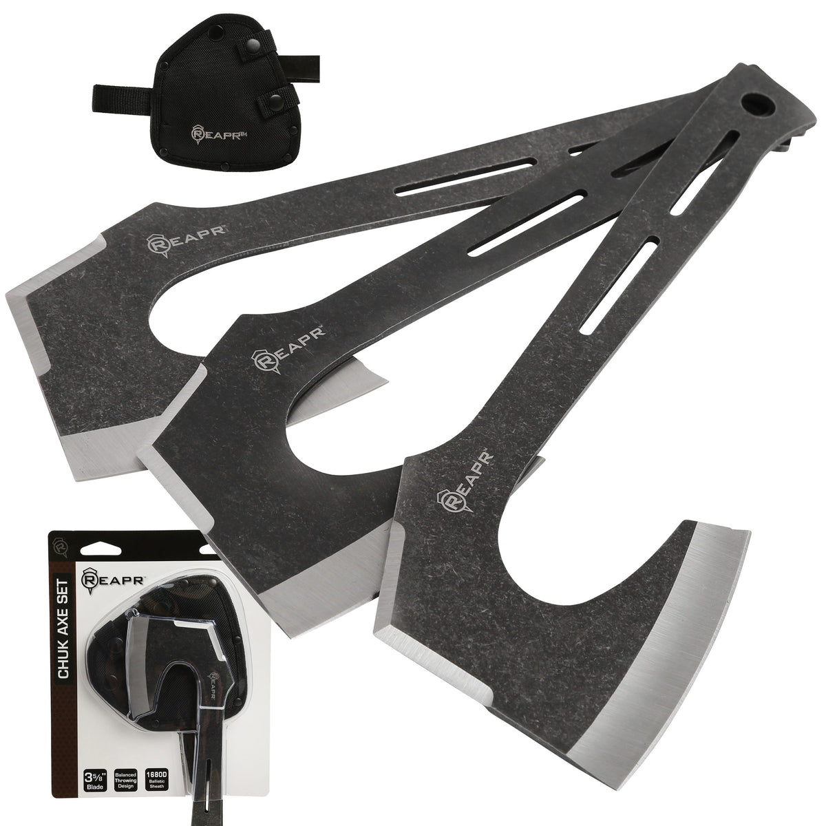 Find your perfect set of throwers in the Chuk 3 Piece Axe Set. Lightweight and ready to fly, the 3-5/8” stonewashed finished blade is perfectly balanced. These Axes are a great recreational tool for camping, parties, barbecues and more. www.moralepatches.com.au