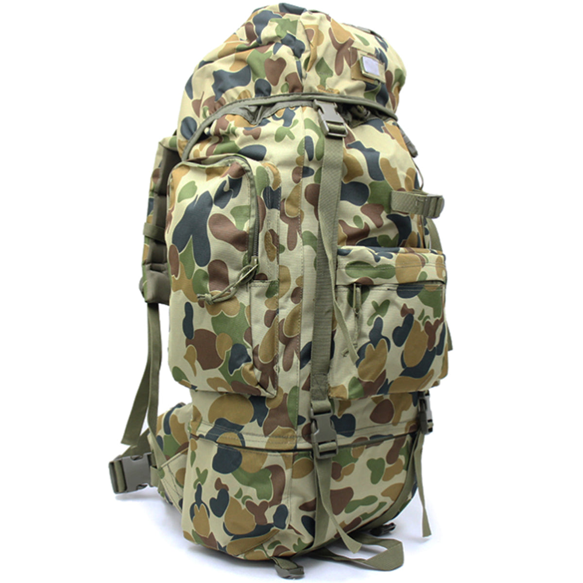 Large backpack with many pockets and lots of support, entails a built-in raincoat for the bag, waist support band with pockets and padding, completely adjustable bag with extra padding to protect back. Many pockets zip shut with buckle clips to secure everything. This bag will fit anything needed for your bushwalks, hunting, camping etc. military inspired multi-purpose backpack.  www.moralepatches.com.au