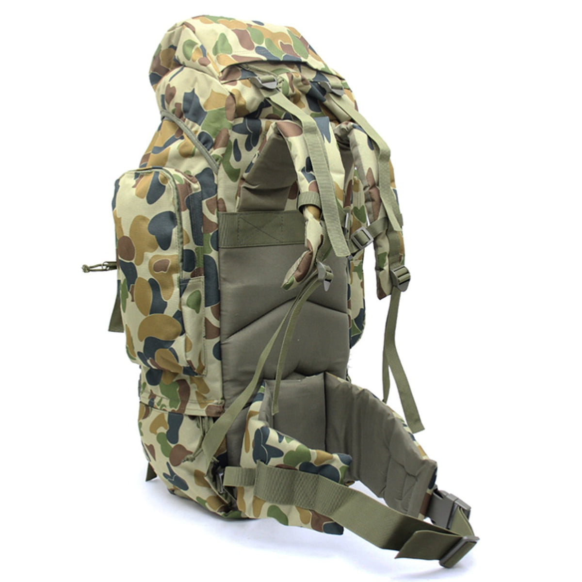 Large backpack with many pockets and lots of support, entails a built-in raincoat for the bag, waist support band with pockets and padding, completely adjustable bag with extra padding to protect back. Many pockets zip shut with buckle clips to secure everything. This bag will fit anything needed for your bushwalks, hunting, camping etc. military inspired multi-purpose backpack.  www.moralepatches.com.au