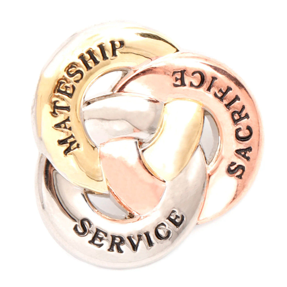 Crafted with meticulous attention to detail, this lapel pin features three interlocked rings made of zinc alloy, each with a unique message. One ring in copper is engraved with "Sacrifice", another in silver with "Service", and the third in gold with "Mateship". Together, they symbolize the unwavering values that Australian soldiers hold dear. www.moralepatches.com.au