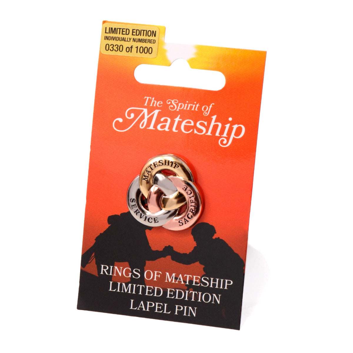 Crafted with meticulous attention to detail, this lapel pin features three interlocked rings made of zinc alloy, each with a unique message. One ring in copper is engraved with "Sacrifice", another in silver with "Service", and the third in gold with "Mateship". Together, they symbolize the unwavering values that Australian soldiers hold dear. www.moralepatches.com.au