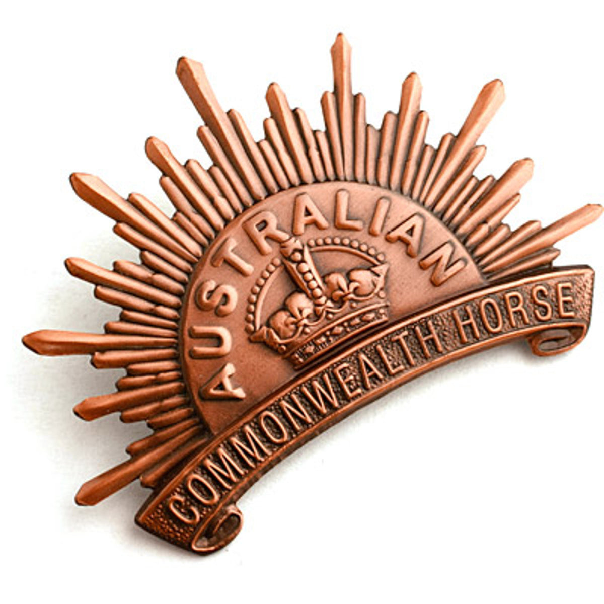 Introducing the second Australian Army Rising Sun Hat Badge, a high quality replica crafted by military specialists. This exquisite badge pays homage to the historic April 1902 design, which introduced a scroll with the words 'Commonwealth Horse' and replaced 'Australia' with 'Australian'.  www.moralepatches.com.au