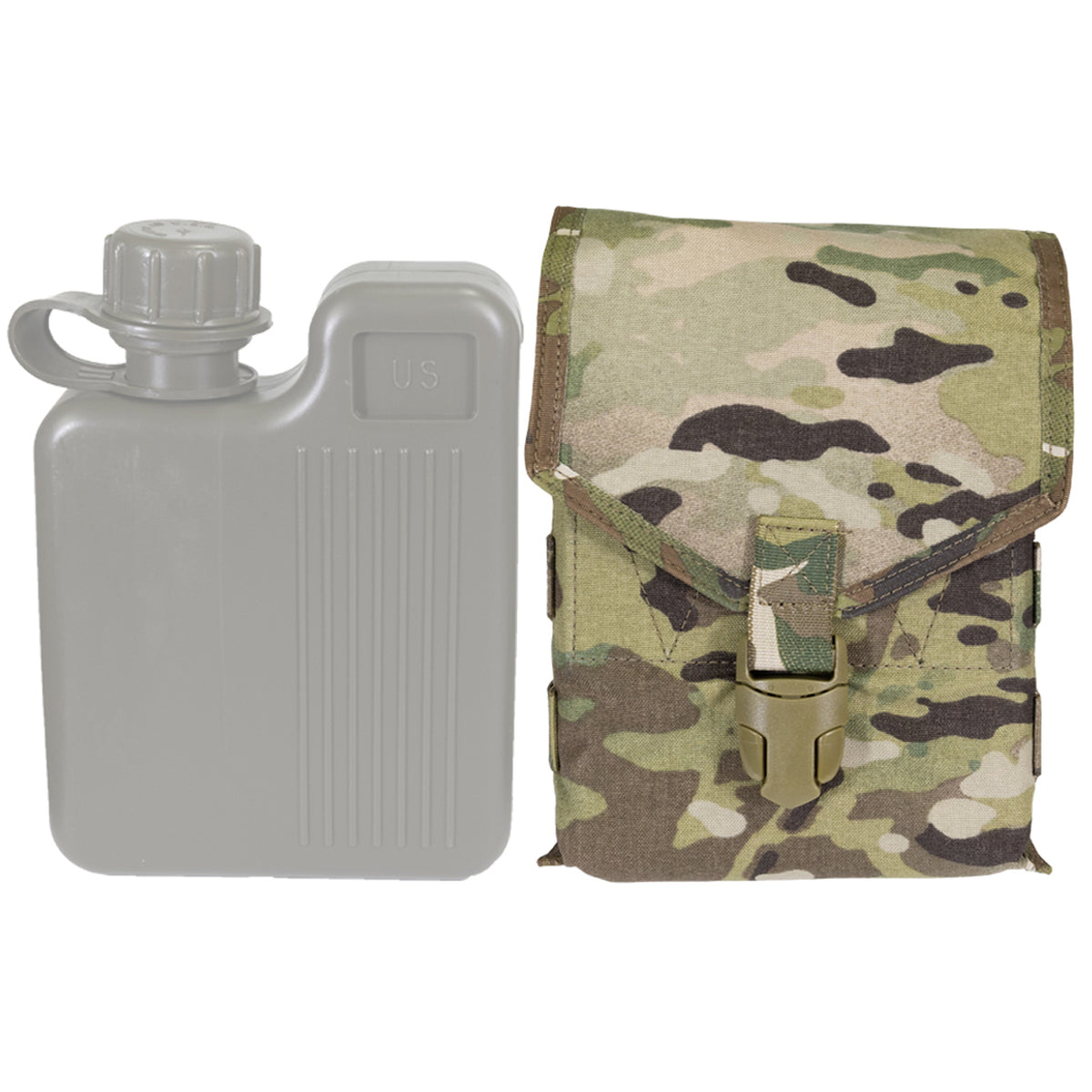 Made to fit U.S made 1L rectangle water bottles. Nylon construction and available in genuine licensed Multicam out of the USA. Heavy duty YKK buckle closure with MOLLE attachment (requiring 3 columns and 2 rows). Perfect for mounting to backpacks or wider belt rigs. www.moralepatches.com.au