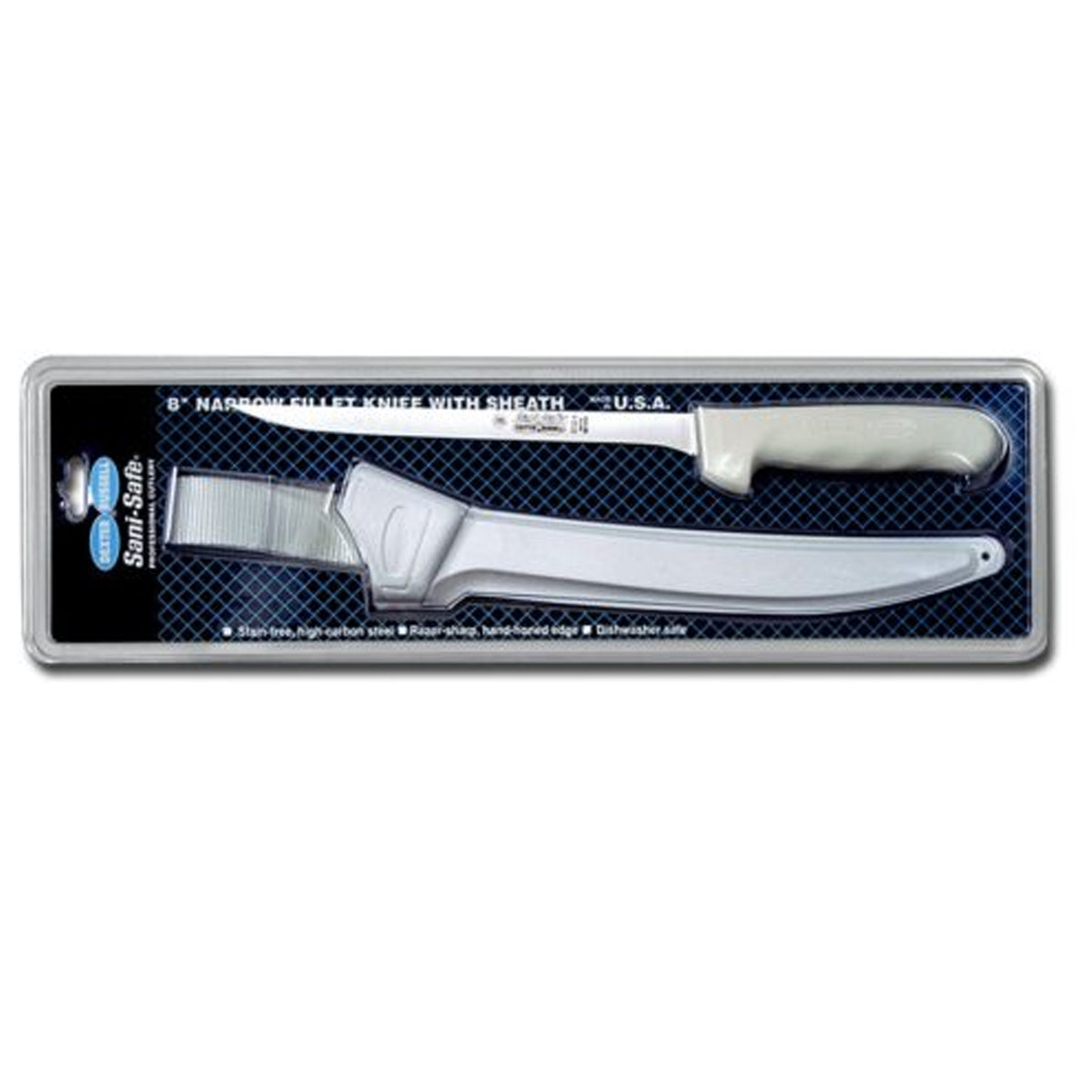 Built to be both tough and sanitary.

A textured, slip-resistant, easy-to-clean polypropylene handle withstands both high and low temperatures.

An impervious blade-to-handle seal provides the utmost in santiary qualification. Stain-free, high-carbon steel blade, with an individually ground and honed edge, excels in commercial use.

Made in USA. www.moralepatches.com.au