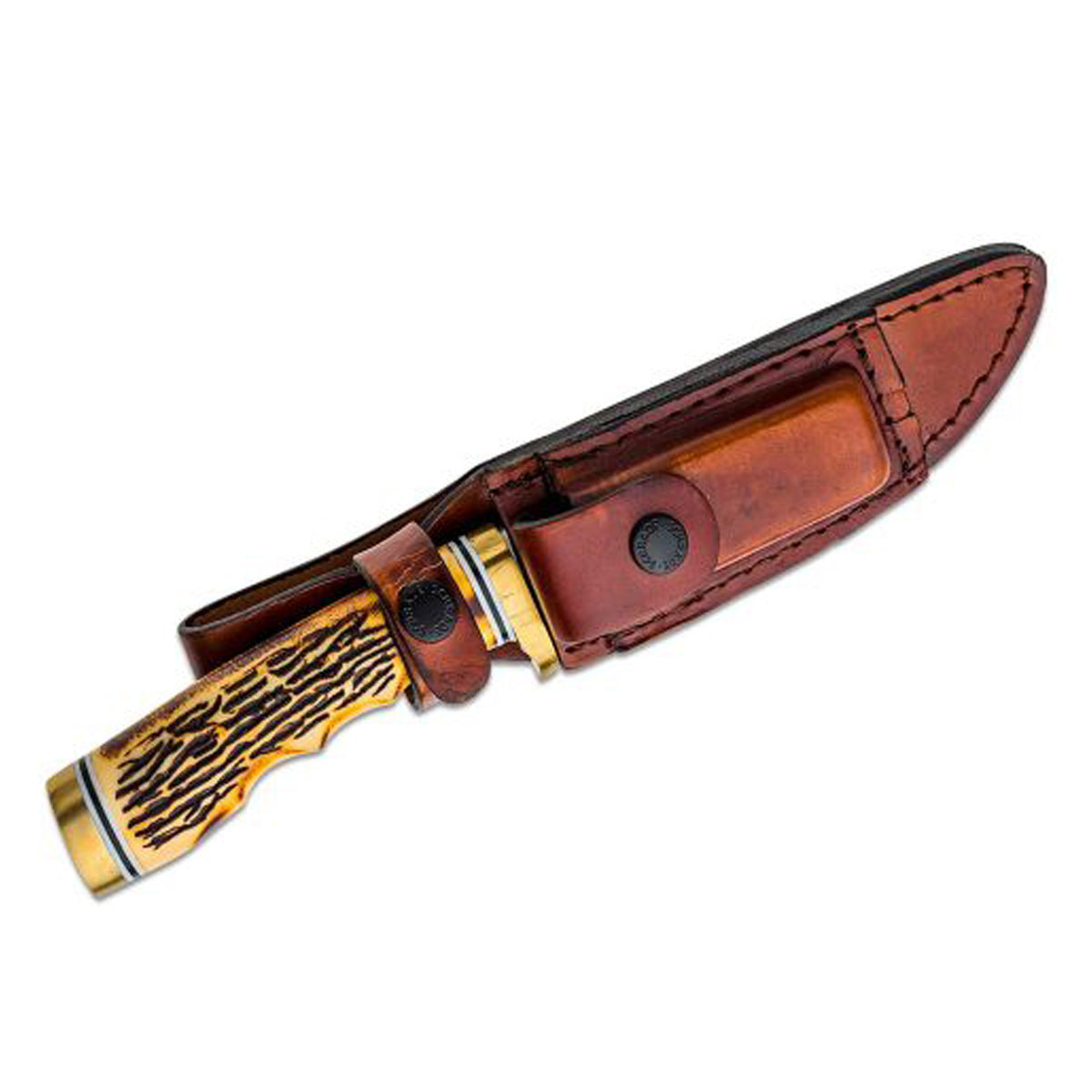 Uncle Henry’s Golden Spike Knife embodies the old traditions of the American west – durability, keen edge, and long lasting. It features a stainless steel clip point blade, Delrin stag handle and satin finish. The handle features polished nickle silver guard and pommel. The Golden Spike comes with leather sheath and sharpening stone. www.moralepatches.com.au