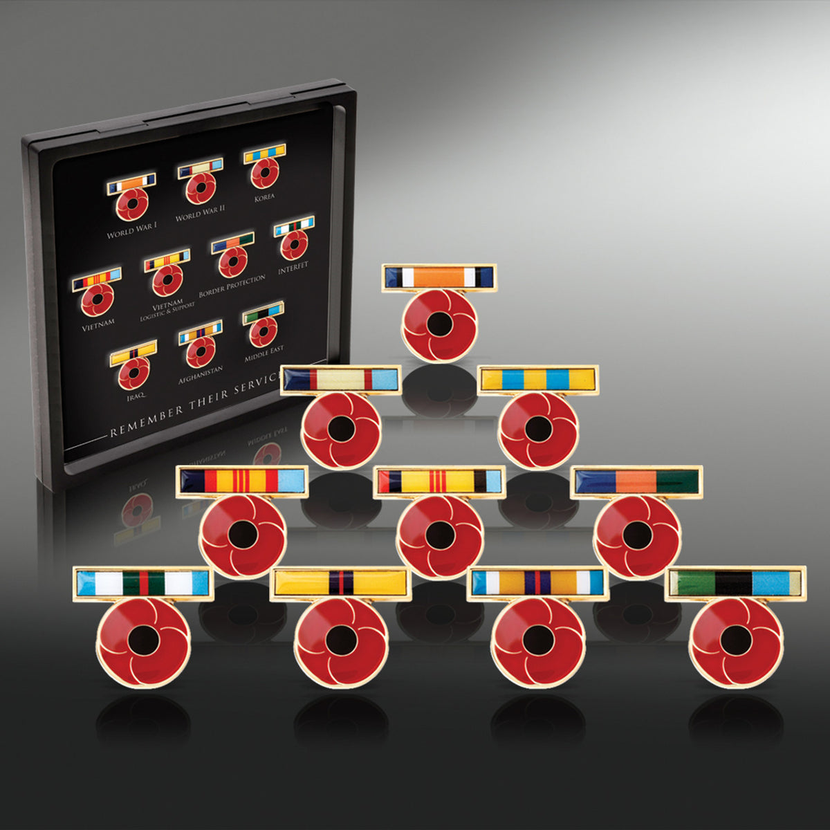 This evocative collection of Service Ribbon Poppies is a heartfelt tribute to the Australian men and women who have bravely served in major conflicts from WW1 to the present day. www.moralepatches.com.au