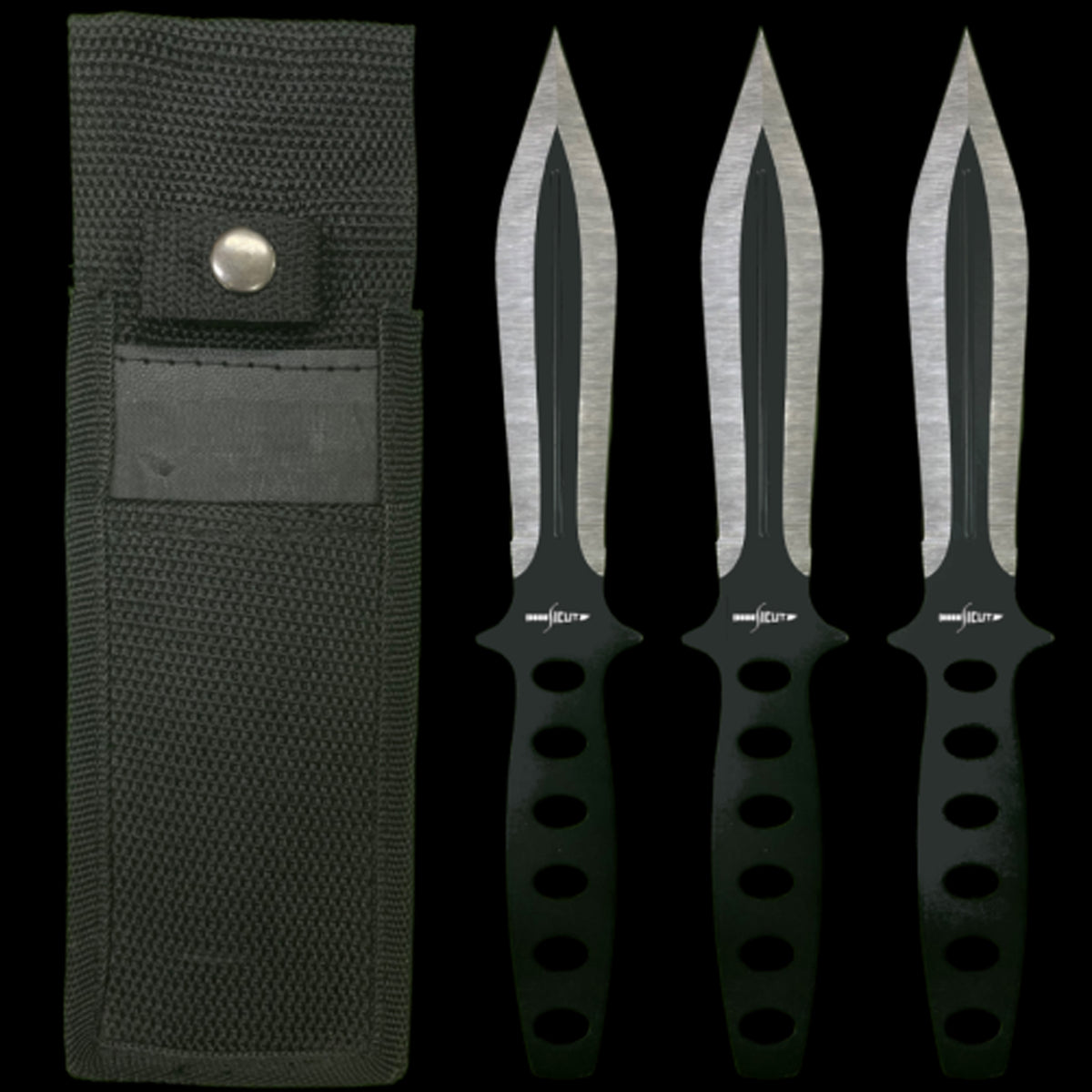 Features 7 7/8″ overall, with 4″ edged blades. One piece black coated stainless construction with two toned black and silver blades. Slot cutout design handle. Black nylon belt sheath holds all knives. Triple Thrower Set. Includes three throwers. Made in China. www.moralepatches.com.au