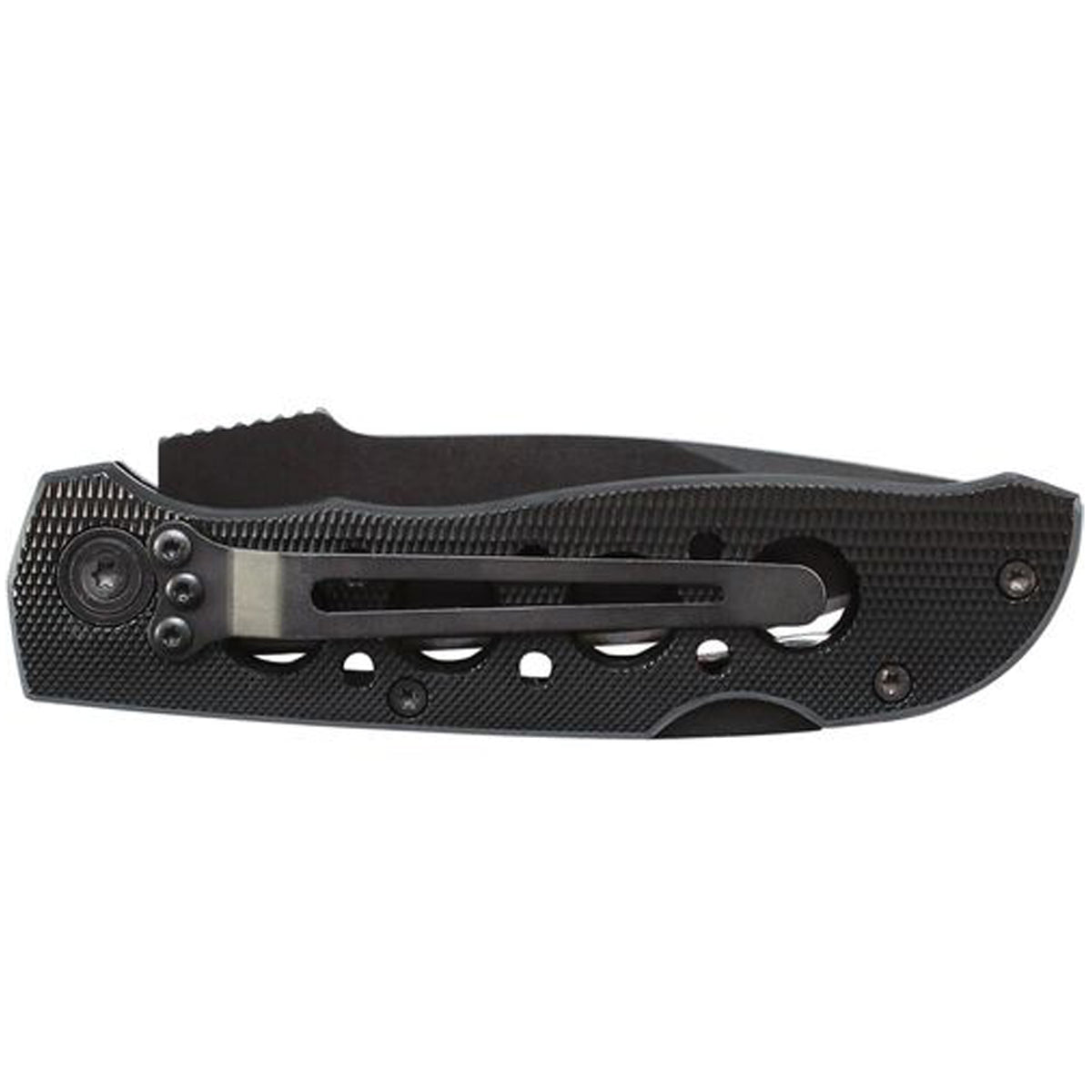 This Smith &amp; Wesson® Extreme Ops Liner Lock Drop Point Folding Knife features a black stainless-steel blade with nail pull and jimping and a black textured aluminum handle. The knife includes a pocket clip. www.moralepatches.com.au