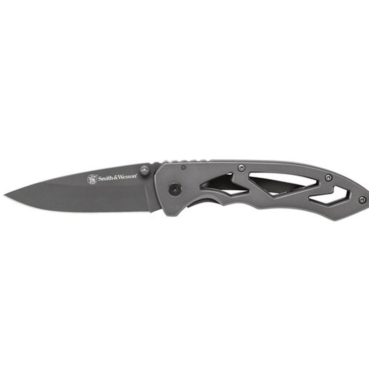 The Smith &amp; Wesson® Frame Lock has a grey stainless-steel drop point blade and skeleton handle. Carry this knife with you, and you’ll be good to go. It features an ambidextrous thumb knob and comes with a lanyard hole and pocket clip for instant access. www.moralepatches.com.au