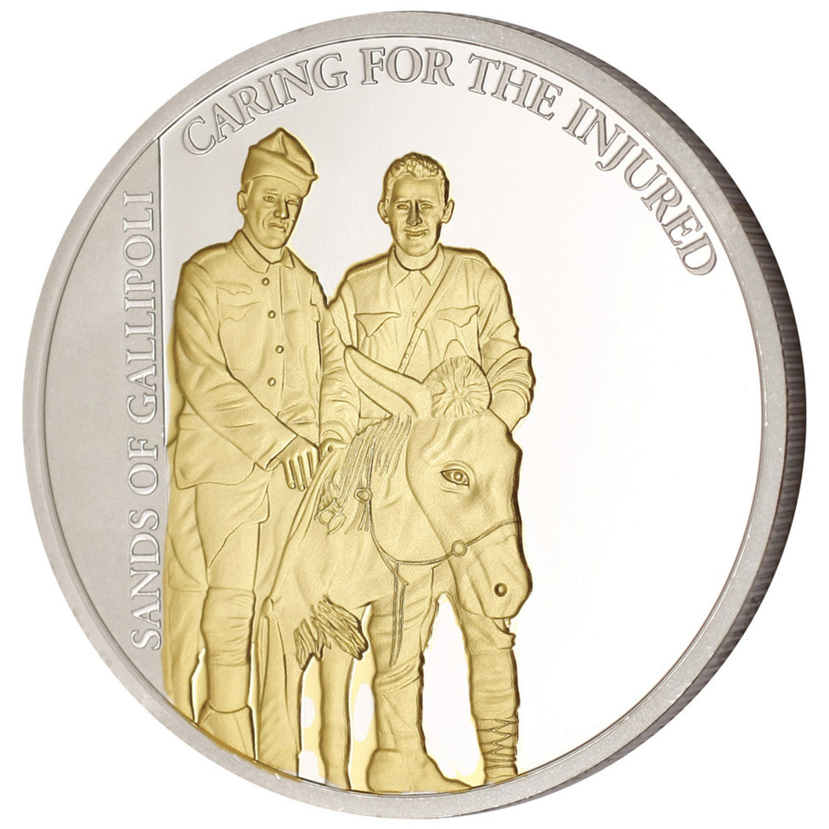 he bravery of John Simpson Kirkpatrick, known as the Man with the Donkey, is celebrated in one of the medallions. He risked his life to assist wounded comrades, using a donkey to carry them to safety. The other medallion represents the ongoing commitment to caring for the injured, with modern-day Diggers providing support and medical assistance. www.moralepatches.com.au