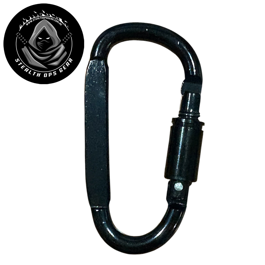 The Stealth Ops Gear 8x4cm Aluminium Carabiner is ideal for attaching backpacks, key chains, water bottles, and various camping gear. Built to support heavy loads up to 50kg, it provides dependable strength for your outdoor adventures, though it is not designed for climbing use. www.moralepatches.com.au