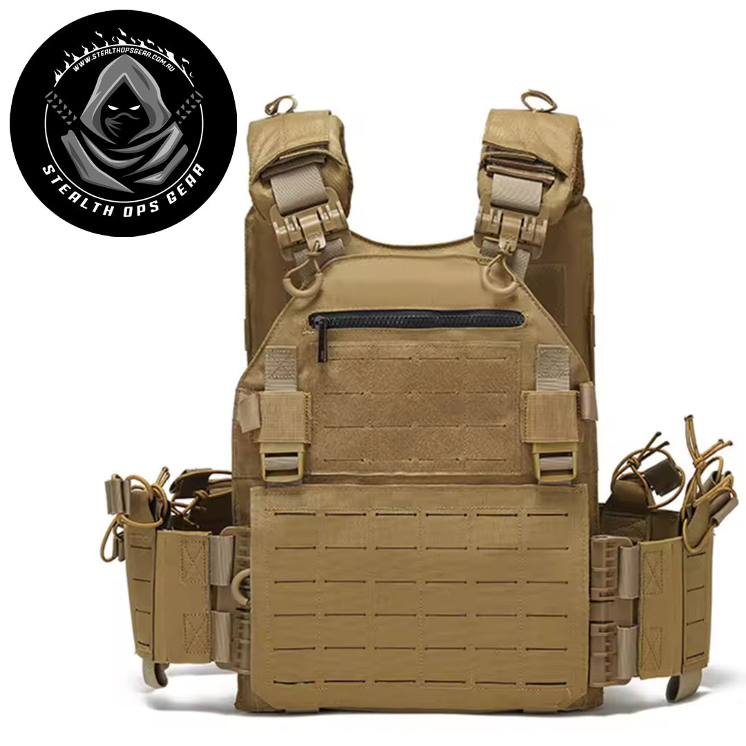The Stealth Ops Quick Release Assault Vest in Coyote is engineered to deliver both durability and versatility for demanding outdoor environments. Made from rugged 1000D waterproof oxford cloth, this MOLLE-compatible vest withstands harsh conditions while providing reliable performance. www.moralepatches.com.au