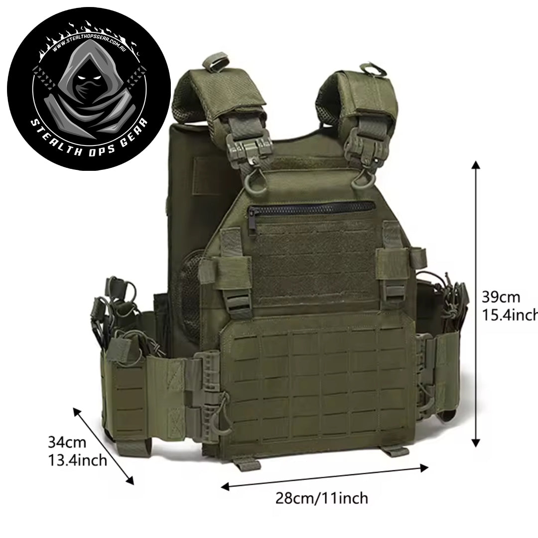 The Stealth Ops Quick Release Assault Vest OD Green is engineered to deliver both durability and versatility for demanding outdoor environments. Made from rugged 1000D waterproof oxford cloth, this MOLLE-compatible vest withstands harsh conditions while providing reliable performance. www.moralepatches.com.au