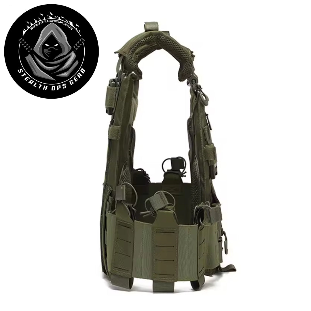 The Stealth Ops Quick Release Assault Vest OD Green is engineered to deliver both durability and versatility for demanding outdoor environments. Made from rugged 1000D waterproof oxford cloth, this MOLLE-compatible vest withstands harsh conditions while providing reliable performance. www.moralepatches.com.au