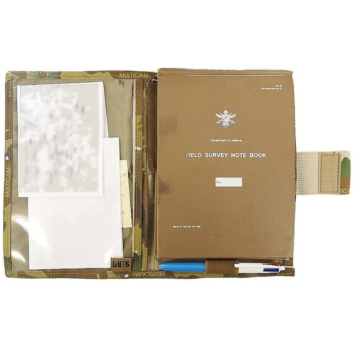 A 1000D Cordura protective cover for your issue Field Survey Notebook, held in by an elastic loop. The Survey Notebook Cover also provides a sleeve for Maps etc. with a clear plastic window and two more sleeves beneath the Map sleeve for miscellaneous paperwork or objects. It also features an elastic loop for a pen or pencil. www.moralepatches.com.au