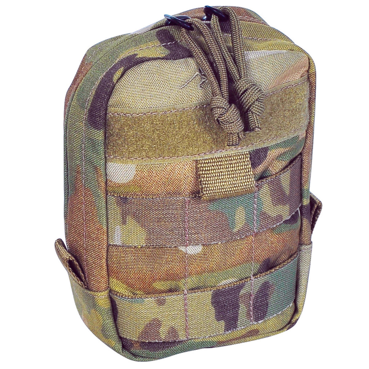 Discover the tactical pouch 1 vertical with MOLLE compatibility, a generously wide zippered entrance, and velcro panels for personalized identification. Keep your gear secure and always know who it belongs to! www.moralepatches.com.au multicam front