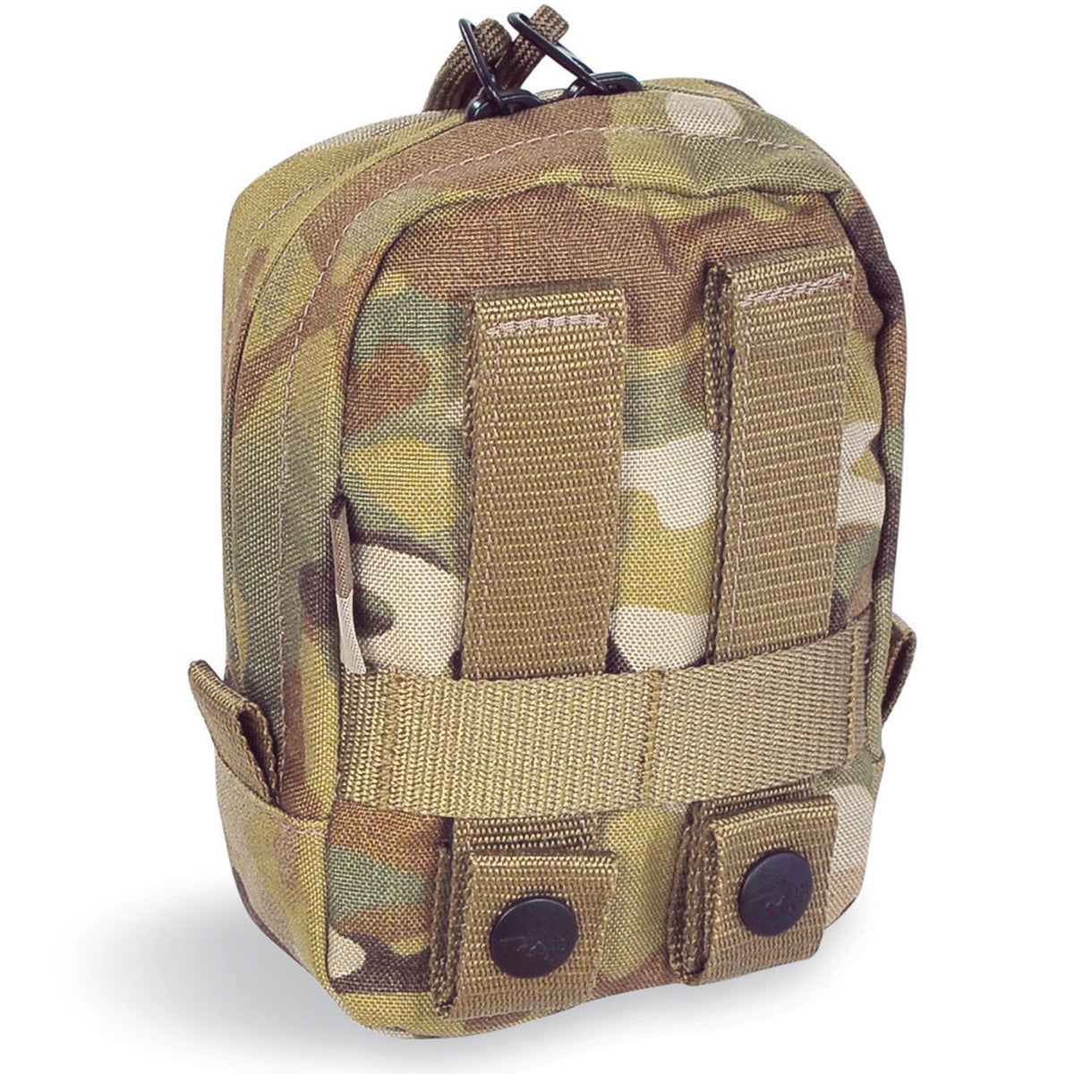 Discover the tactical pouch 1 vertical with MOLLE compatibility, a generously wide zippered entrance, and velcro panels for personalized identification. Keep your gear secure and always know who it belongs to! www.moralepatches.com.au multicam rear