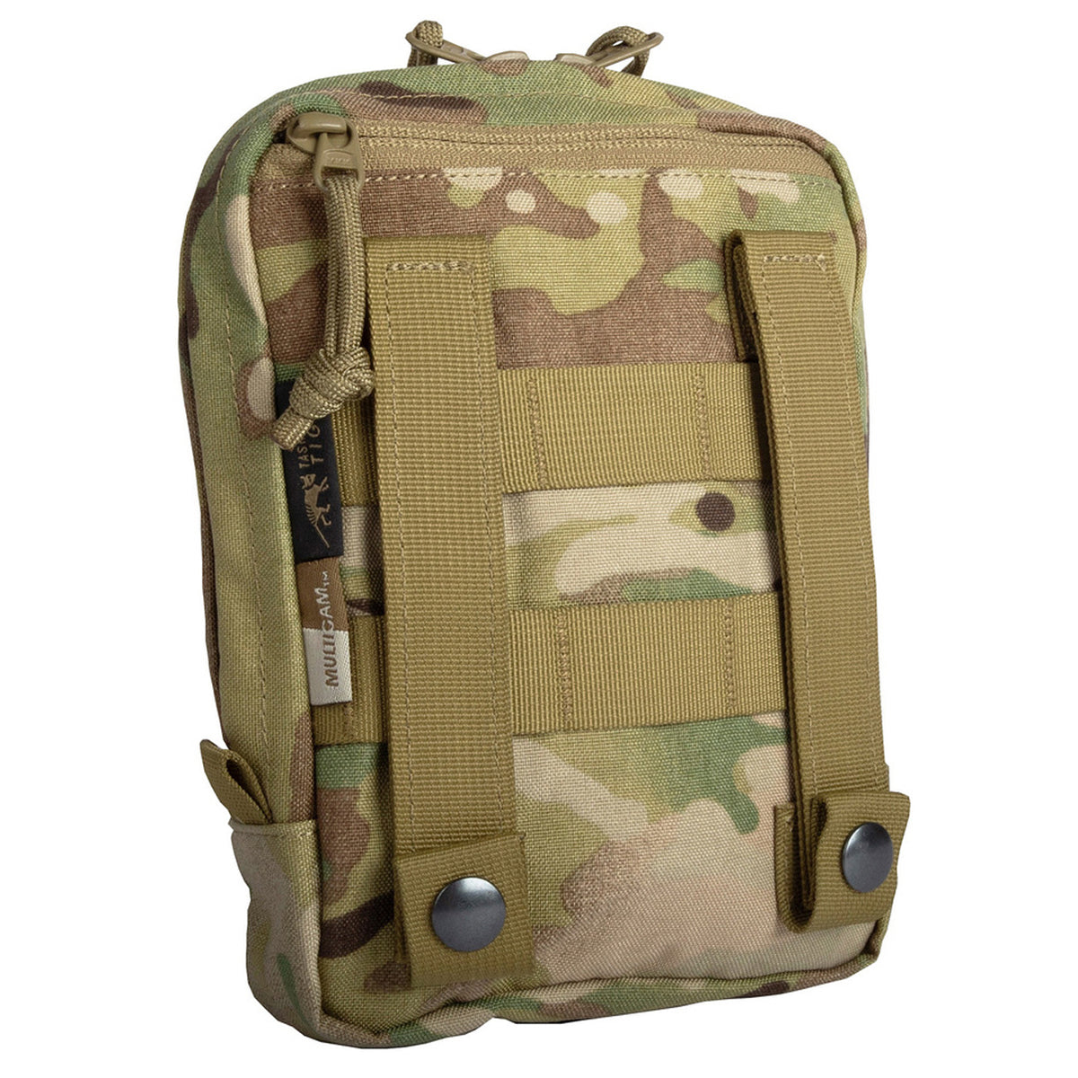 This pouch features a MOLLE snap button system, an extra wide zipped opening, and hook-and-loop strips for a personalised name tag. www.moralepatches.com.au multicam back view