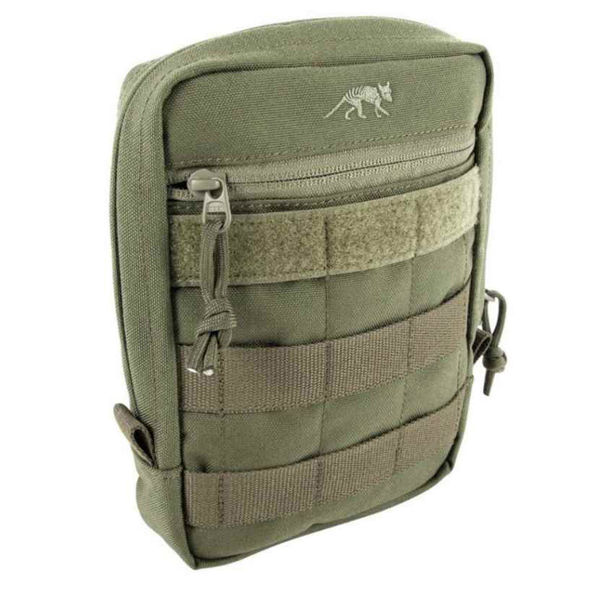 This pouch features a MOLLE snap button system, an extra wide zipped opening, and hook-and-loop strips for a personalised name tag. www.moralepatches.com.au olive front view