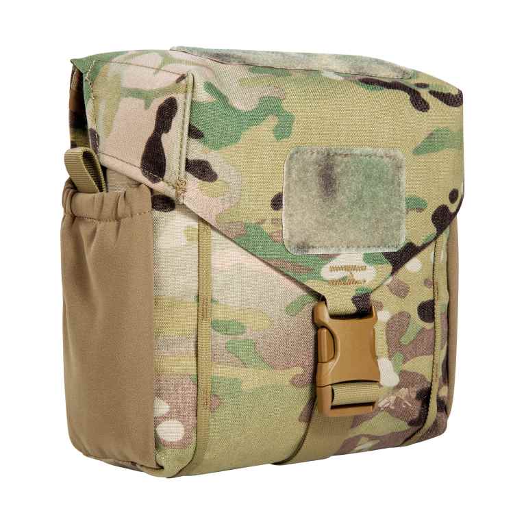 Accessory pouch for canteen and cutlery with MOLLE reverse system. The TT Canteen Pouch MKIII MC has two elastic side pockets and MOLLE hook-and-loop as well as elastic loops on the inside to secure a canteen and cutlery. www.moralepatches.com.au