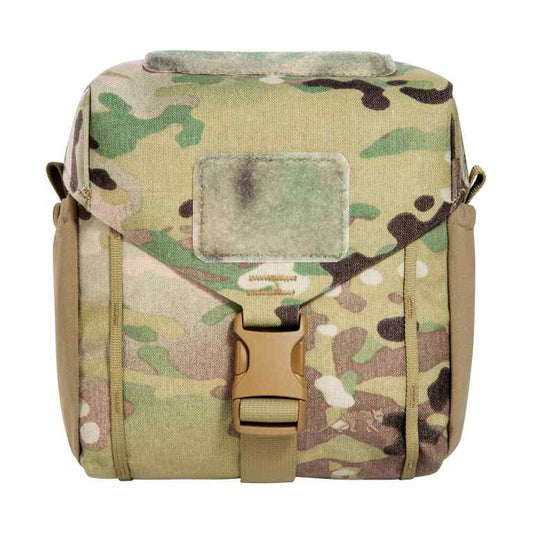 Accessory pouch for canteen and cutlery with MOLLE reverse system. The TT Canteen Pouch MKIII MC has two elastic side pockets and MOLLE hook-and-loop as well as elastic loops on the inside to secure a canteen and cutlery. www.moralepatches.com.au