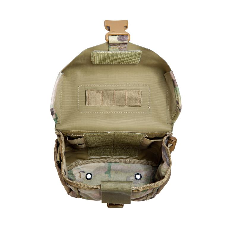 Accessory pouch for canteen and cutlery with MOLLE reverse system. The TT Canteen Pouch MKIII MC has two elastic side pockets and MOLLE hook-and-loop as well as elastic loops on the inside to secure a canteen and cutlery. www.moralepatches.com.au