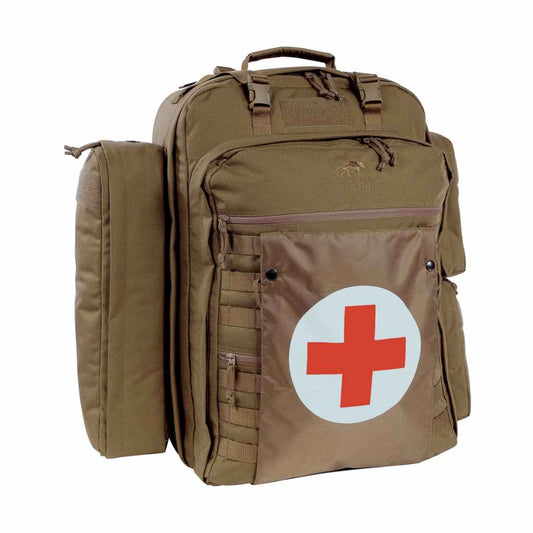 Generously fitted-out first aid backpack. The side pockets are detachable, while the padded interior compartment has adjustable compartments. The backpack also has a removable panel with detachable, labelled clear pockets, MOLLE system and elastic loops. www.moralepatches.com.au
